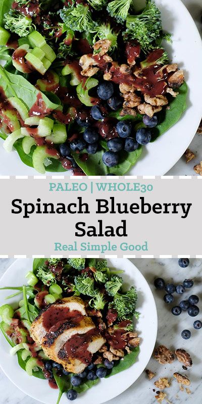 This Paleo + Whole30 spinach blueberry salad has seasonal produce and the blueberry dressing has no added sugar. It's a quick and easy weeknight meal. | realsimplegood.com #salad #whole30 #paleo #easydinner via @realsimplegood Blueberry Dressing, Whole 30 Salads, Paleo Salad Recipes, Blueberry Salad, Paleo Salads, Seasonal Produce, Salad Toppings, Paleo Whole 30, Spinach Salad