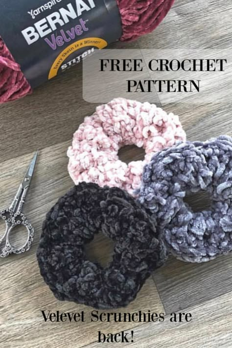 Free Crochet Pattern! Crochet these fun Velvet Hair Scrunchies in this Quick and Easy Crochet Pattern. Scrunchie Crochet Pattern, Scrunchie Crochet, Crochet Geek, Pola Amigurumi, Crochet Hair Accessories, Velvet Scrunchie, Crochet Vintage, By Regina, Velvet Hair