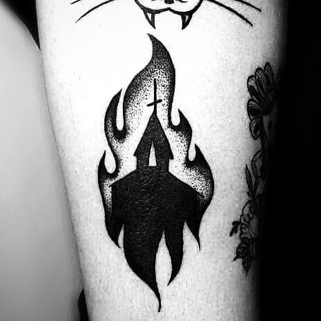 #tattoo #tattoos #inked #tattooart #tattooed #tattooideas #tattoodesign #tattooinspiration #tattoosleeve #tattooflash #inkedgirls #tattooedwomen  #InkLaughs  #TattooFails Burning Church, Grunge Tattoo, Saved Tattoo, Tattoo Outline Drawing, Witch Tattoo, Flash Tattoo Designs, Spooky Tattoos, Horror Tattoo, Dark Art Tattoo