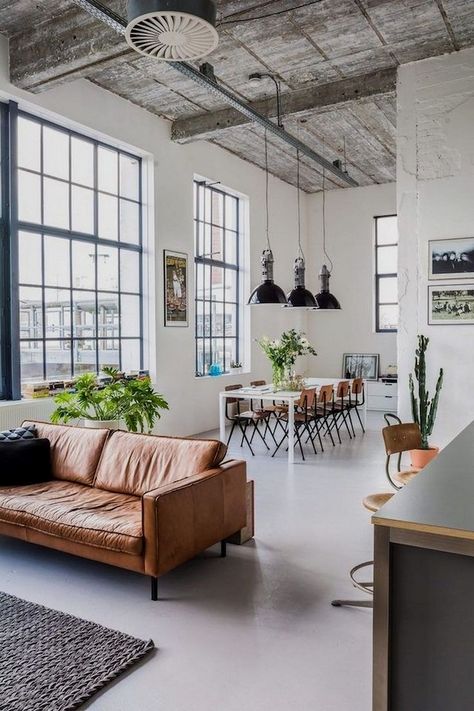 Modern Industrial Interior, White Apartment, Industrial Home Design, Loft Stil, Industrial Interior Design, Living Room Loft, Brick Walls, Loft Design, Industrial House