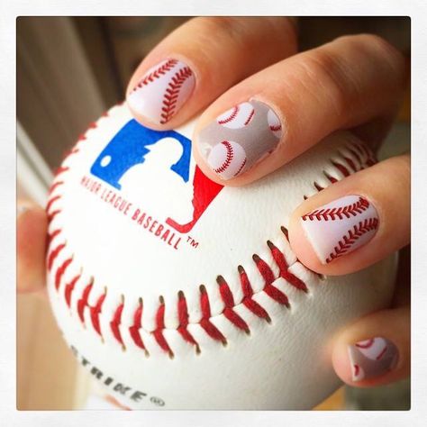 Baseball Baseball Themed Nails, Baseball Nail Designs, Baseball Nails, Sports Nails, Accent Nail Designs, Nail Art Diy Easy, White Glitter Nails, Minx Nails, Creative Nail Designs