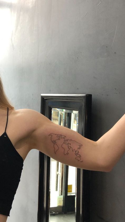 World Map Tattoo Women, Fine Line World Map Tattoo, Minimalist Map Tattoo, Tattoos For Traveling, Map Tattoos For Women, World Tattoos For Women, World Map Tattoo Design, Map Of The World Tattoo, Minimalist Tattoo Travel