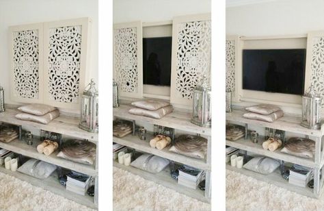 Hidden TV ideas: Check out this inspirational roundup of ideas to help you elegantly decorate around your TV with art, accent walls and other ideas.    #Eye-Candy, #Inspiration, #tv, #decorating, #entertainment-cabinet, #entertainment, #television, #disguise, #camoflage, #DIY, #How-To, #decor, #Curbly-Original, #Roundup Hidden Tv Ideas, Hide Tv, Ruang Tv, Tv 65, Tv Ideas, Tv Wall Cabinets, Hidden Tv, Living Room Shelves, Room Shelves