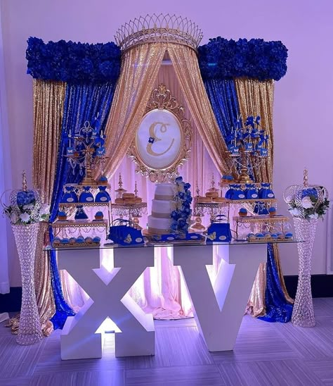 Quinceanera Royal Blue Decoration, Royal Blue And Gold Centerpieces Quince, Quinceanera Themes Decoration, Sweet 15 Party Ideas Quinceanera Royal Blue, Quince Ideas Royal Blue, Royal Blue Quinceanera Decorations Ideas, Royal Blue Quinceanera Main Table, Royal Blue Quinceanera Centerpieces, Royal Blue And Rose Gold Quinceanera