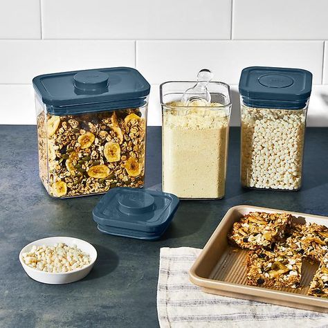 OXO Good Grips Storm Blue 3-Piece POP Container Set | The Container Store Oxo Pantry Organization, Oxo Pop Containers, Perfect Pantry, Snack Brands, Cereal Dispenser, Dry Food Storage, Food Storage Container Set, Airtight Food Storage, Airtight Food Storage Containers