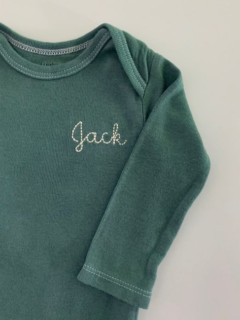 Embroidered Baby Clothes Boys, Hand Embroidered Baby Gifts, Baby Boy Monogram Ideas, Baby Clothes Embroidery Ideas, Hand Embroidered Baby Clothes, Embroidered Baby Onesie, Baby Personalized Gift Ideas, Embroidered Onesie Boy, Baby Boy Embroidery Ideas