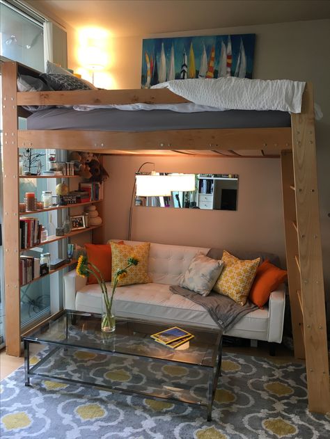 Adult Loft Bed With Couch Underneath, Loft Bed Ideas With Couch Underneath, Lofted Bed Studio, Loft Bed With Couch Under, Studio Loft Bed, Loft Bed With Couch Underneath Aesthetic, Bed With Couch Underneath, Lofted Queen Bed, Loft Bed With Couch Underneath