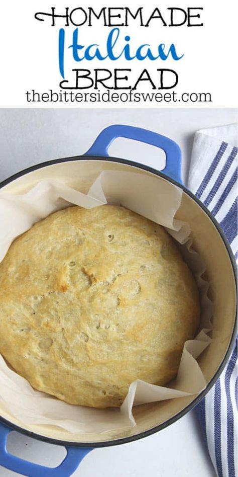 This Homemade Italian Bread is super easy to make with only 6 ingredients and very little time kneading it! Baked up in the oven for a perfect crispy bread! | The Bitter Side of Sweet Homemade Italian Bread, Italian Bread Recipes, Crispy Bread, Dutch Oven Bread, Healthy Bread Recipes, Simple Muffin Recipe, Dutch Oven Recipes, Healthy Bread, Bread Bun