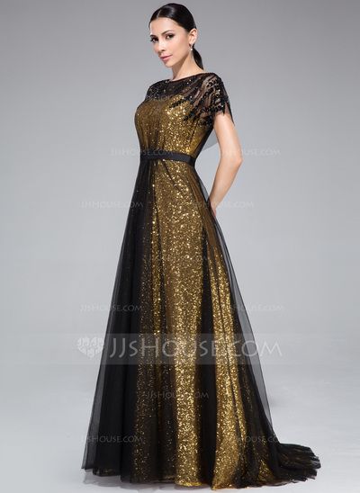 A-Line/Princess Scoop Neck Sweep Train Tulle Charmeuse Sequined Evening Dress With Ruffle Beading (018046262) Print Maxi Dress Outfit, Vinter Mode Outfits, Beautiful Gown Designs, Winter Mode Outfits, Ruffle Beading, Long Frock, Dress 2016, Evening Dresses Short, Long Frocks