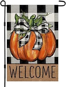 Autumn / Fall Theme Welcome Sign features cute pumpkin with black and white buffalo plaid. Celebrate Fall, Halloween, Harvest, Thanksgiving by welcoming family and friends in style! Fall Garden Decor, Fall Flags, Halloween Fruit, Pumpkin Garden, Fall Garden Flag, Garden Flag Stand, Outside Decorations, Farmhouse Holiday, Autumn Thanksgiving