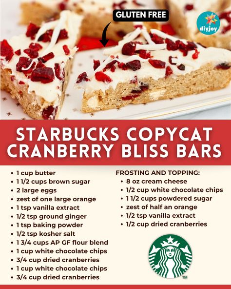 Gluten Free Starbucks Copycat Cranberry Bliss Bars Starbucks Cranberry Bliss Bars Copycat, Copycat Cranberry Bliss Bars, Gluten Free Starbucks, Starbucks Cranberry Bliss Bars, Gluten Free Christmas Treats, Starbucks Cranberry Bliss, Cranberry Recipes Dessert, Cranberry Bliss Bars Recipe, Snack Bar Recipes