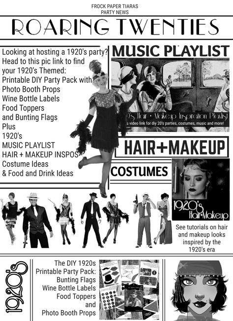 Head to the pic link for 1920's party themed Music, Costumes, Printable Party Pack and Party Vision Board Kit, Hair and makeup ideas and more! 1920s Party Activities, Goodbye To The Roaring 20s Party, 1930s Party Decorations, 1930s Birthday Party Theme, 1920s Gift Ideas, Decade Decorations, 1930s Party Theme, 1920 Party Ideas, 1920s Party Aesthetic