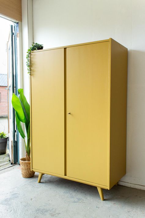 Ochre Walls, Diy Cupboard, Cupboard Paint, Yellow Furniture, Ikea Wardrobe, Diy Wardrobe, Retro Interior, Wardrobe Cabinets, Wardrobe Armoire