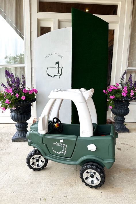 Some of the Master's theme decor I incorporated into our hole in one birthday party. Golf Cozy Coupe, Masters Themed 1st Birthday Party, Cozy Coupe Makeover Golf Cart, 3rd Birthday Golf Theme, Cozy Coupe Truck Makeover, Cozy Coupe Golf Cart, Cozy Truck Makeover, Golf Theme Nursery, Diy Cozy Coupe