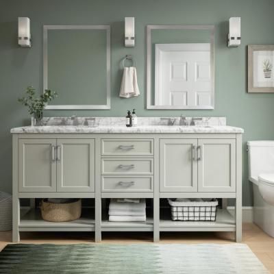 Everett 72 in. W x 22 in. D Vanity Cabinet in Grey with Carrara Marble Vanity Top in White with White Basins Bathroom Sink Fixtures, 72 Inch Bathroom Vanity, 72 Inch Vanity, Home Depot Vanity, Bathroom Vanity Double Sink, 72 Vanity, Bathroom Sink Decor, Modern Bathroom Sink, Single Sink Vanity