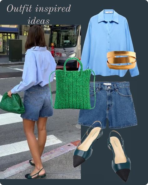 A casual everyday style with jeans shorts & classic slingbacks in blue tones, recommend a contrasting textures & color bag, like the green one. Already in the LTK App with more bag options. #baglover #casualstyle #jeanslovers #simplejewelry #outfitidea #howtoperfect Outfit Mare, Slingback Outfit, Blue Bag Outfit, Minimalist Spring Outfits, Style With Jeans, Contrasting Textures, Blue Outfits, Work Fits, Style Watch