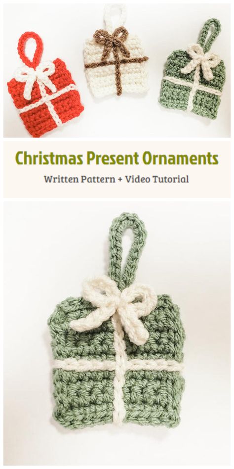 We are going to learn How to Crochet Free Christmas Present Ornament Patterns. This pattern works up quickly and is made up of just a few stitches. They are a fun and easy way to DIY home decor or decorate for Christmas on a budget. These ornaments also make for thoughtful gifts. Christmas Crochet Easy Free Pattern, Crochet Gift Ornament, Knitted Christmas Tree Ornaments, Easy Crocheted Christmas Ornaments, Crochet Christmas Presents Free Pattern, Crochet Easy Christmas Gifts, Free Crochet Patterns Ornaments, Easy Beginner Christmas Crochet, Free Crochet Patterns For Christmas Ornaments