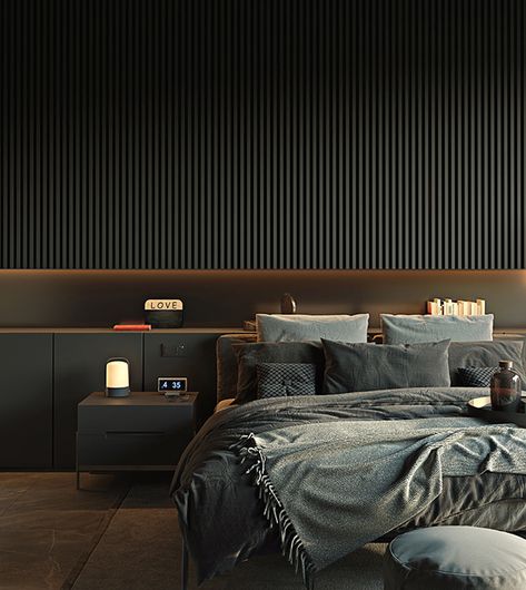 Bedroom Wood Paneling Wall, Dark Bedroom Design, Gamer Bedroom, Black Bedroom Design, Cozy Bedroom Design, Modern Luxury Bedroom, Luxury Bedroom Design, Master Room, Black Bedroom