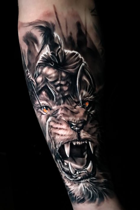 Black & gray realism lion and warrior soldier spartan @pedromullertattoos | Dec 9th 2018 | 786303 Lion Tattoo Ideas, Lion Warrior, Tattoo Main, Lion Forearm Tattoos, Warrior Tattoo Sleeve, Gladiator Tattoo, Tiger Tattoo Sleeve, Soldier Tattoo, Spartan Tattoo