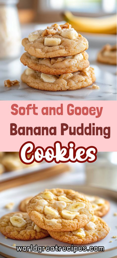 Experience the best of banana desserts with these soft banana pudding cookies. Infused with the velvety flavor of banana pudding mix and studded with white chocolate chips, they're quick to make and impossible to resist. Perfect for weeknight baking or gifting, these cookies deliver comfort and flavor in every bite! Quick Sweet Snacks, Easy Homemade Cakes, Banana Pudding Cookies, Pudding Cookies Recipes, Brownies Ice Cream, Traditional Baking, Banana Desserts, Desserts Quick, Pudding Cookies