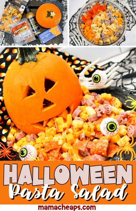 This Halloween pasta salad is sure to get a lot of laughs at your next Halloween party. If you are looking for a show-stopping dish that's not only delicious but also serves up some major Halloween vibes, you're in for a treat. This Halloween pasta salad uses all ALDI ingredients, including Halloween-themed pasta noodles! It's creepy, it's fun, and it's a guaranteed hit at your Halloween gathering. #halloween #pastasalad #recipe #jackolantern Aldi Halloween Pasta, Halloween Pasta Salad, Halloween Pasta, Halloween Snack, Noodle Salad, Halloween Vibes, Halloween Snacks, Pasta Noodles, Activity Ideas