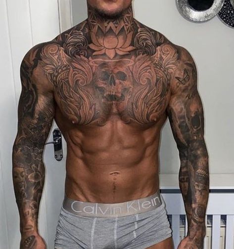 Chest To Neck Tattoo Men, Chest Neck Tattoo Men, Mens Back Of Neck Tattoo, Chest And Arm Tattoo Men, Cool Chest Tattoos Men, Cool Neck Tattoos Men, Cool Chest Tattoos For Guys, Guy Neck Tattoos, Man Neck Tattoo