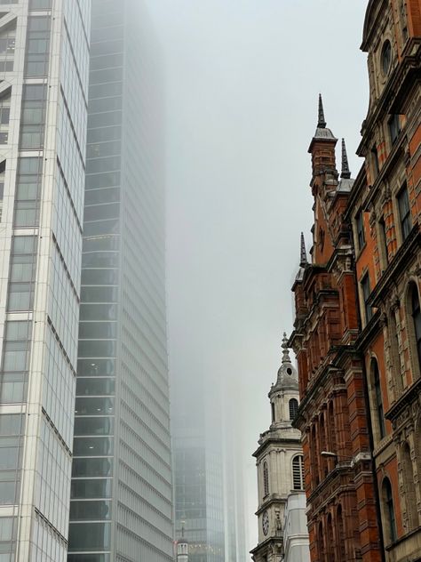 new building next to an older victorian building with a grey sky and fog in the middle Old Vs New Architecture, Old Vs New Photography, Old Architecture Photography, Connected Photography, Old Building Photography, Old And New Architecture, Aged Architecture, Culture Project, Advanced Higher Art