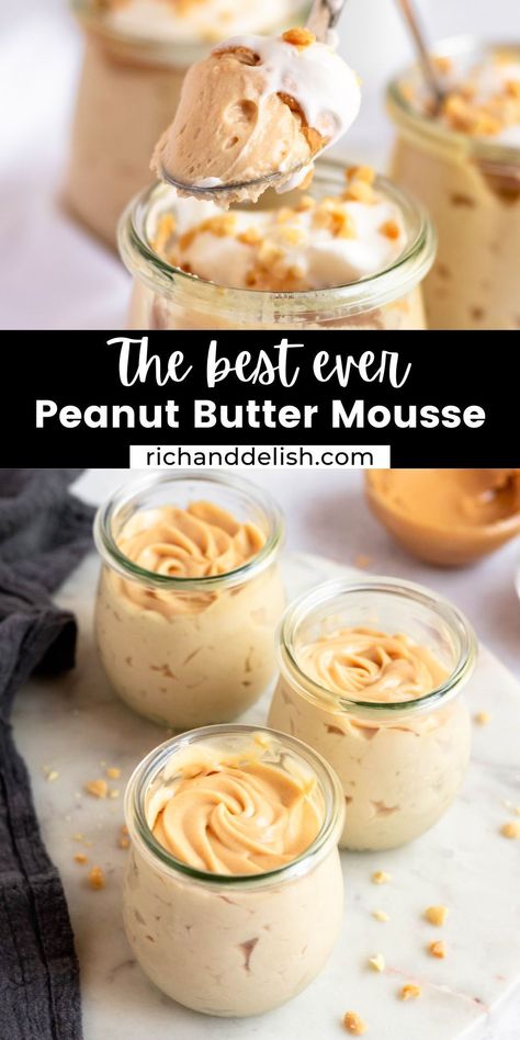 This delicious peanut butter mousse has a rich, creamy mousse texture with the irresistible flavor of peanut butter. Weight Watchers Peanut Butter Mousse, 4 Ingredient Peanut Butter Mousse, Vegan Peanut Butter Mousse, Homemade Peanut Butter Desserts, Peanut Butter Cream Filling, Easy Peanut Butter Mousse, Peanut Butter Mousse Brownie Cups, Peanut Butter And Cool Whip Desserts, Desserts Using Peanut Butter