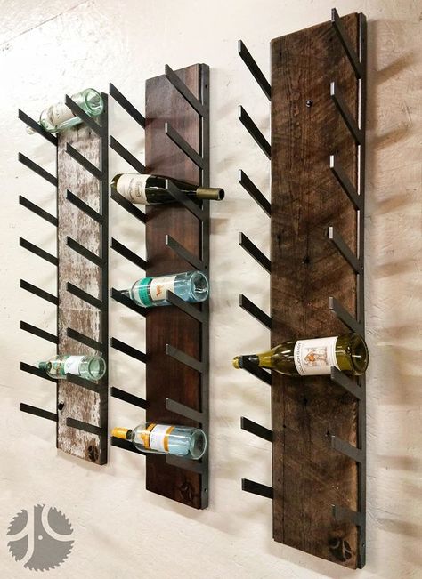 Here is a look at our new wine rack design, featuring laser cut plate steel and your choice of reclaimed wood. We have the grey/white wash fence boards, the stained/sanded reclaimed joist and the original surface reclaimed joist. To order, Email grant@graindesignsfargo.com $149 #reclaim #repurpose #reuse #reclaimedwood Metal Wine Rack Ideas, Metal Bar Wine Rack, Welded Wine Rack, Wine Rack Wall Industrial, Industrial Wine Rack, Wine Rack Plans, Barnwood Wine Rack, Wine Holders, Reclaimed Wood Wine Rack