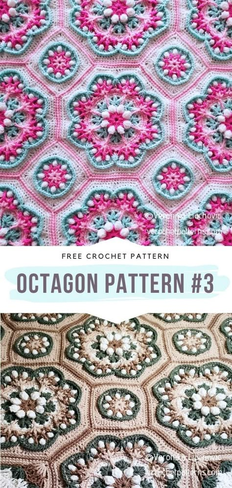 Crochet Octagon, Easy Crochet Baby Blanket Free Pattern, Crochet Hexagon Blanket, Hexagon Crochet Pattern, Octagon Pattern, Crochet Flower Squares, Crocheted Afghans, Granny Stripe, Afghan Squares