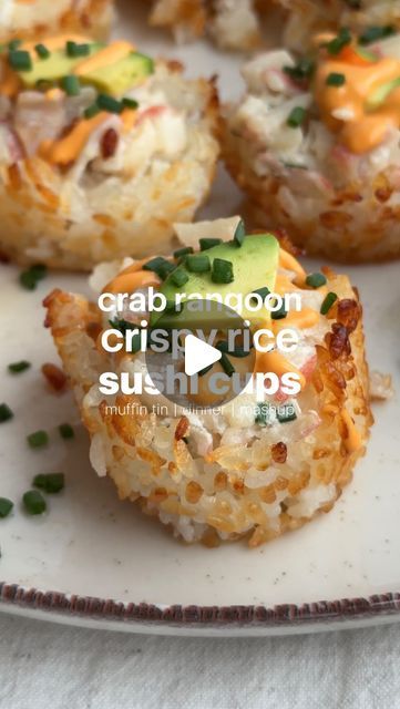 Erin Silberman on Instagram: "Crab Rangoon Crispy Rice Sushi Cups

•Follow @seriousfoodfetish for more recipes, restaurant recs & food trends•

You guys loved the recipe for salmon sushi cups & the crispy rice salad so much, I wanted to try to combine the two ideas. This recipe is intermediate & I say that because I wish I tried with silicone muffin holders, which would definitely make it easier to get the cups out after baking. It’s a little tricky the way I did it, but definitely still delicious! 

Ingredients
•12 oz regular or imitation crab, chopped
•1/2 C cream cheese
•1/4 C sour cream
•1/2 t worcestershire sauce
•2 t soy sauce
•3 T chives, chopped 
•1 t garlic powder
•pinch salt 
•1/4 t white pepper (you can use black but I like the flavor of white with this recipe) 
•16 oz sushi ric Crab Rangoon Crispy Rice Cups, Sushi Muffin Cups, Crab Rangoon Sushi Cups, Crispy Rice Sushi Cups, Krispy Rice Sushi Recipe, Crab Rangoon Rice Cups, Crab Rangoon Crispy Rice Sushi Cups, Sushi Crispy Rice, Rice Cups Baked