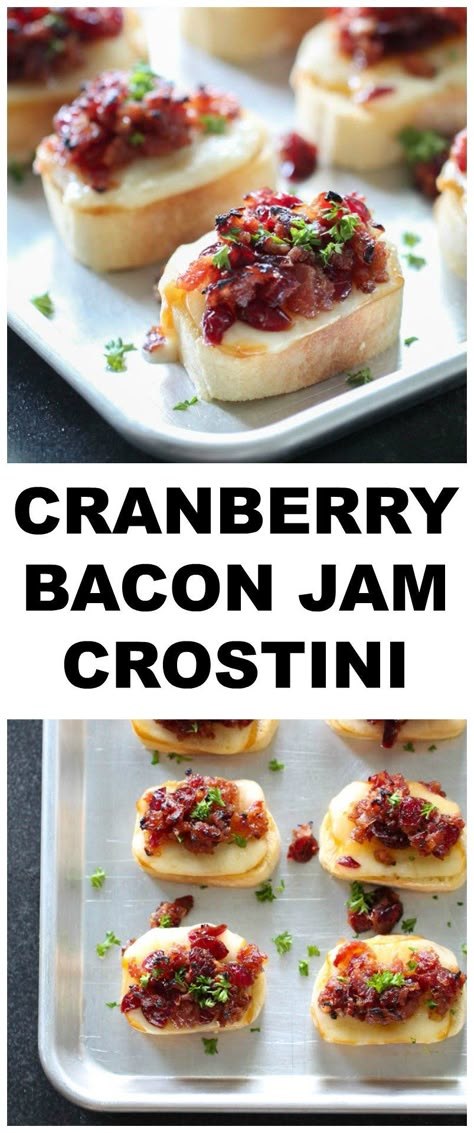 This Cranberry Bacon Jam Crostini is the perfect party or game day appetizer. A toasted baguette topped with smoked cheddar cheese and a flavorful cranberry bacon jam makes this one party food that everyone will be talking about! Bacon Jam Crostini, Jalapeno Recipes Appetizers, Crescent Roll Recipes Appetizers, Friendsgiving Recipes Appetizers, Pilsbury Recipes, Party Food Easy Appetizers, Cheese Recipes Appetizers, Crostini Recipe, Pastas Recipes