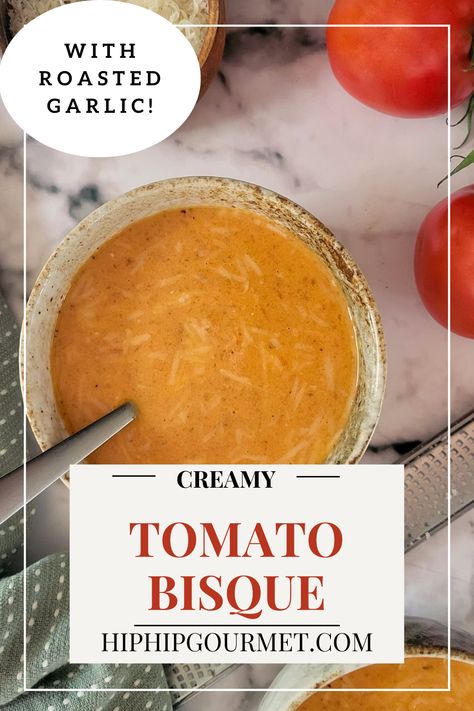 bowl of orange soup next to a small bowl of parmesan cheese, a mandolin, and fresh tomatoes Roasted Garlic Tomato Bisque, Garlic Bisque, Creamy Tomato Bisque, Tomato Bisque Recipe, Bisque Recipe, Tomato Bisque, Soup Season, Chicken Noodle, Fresh Tomatoes