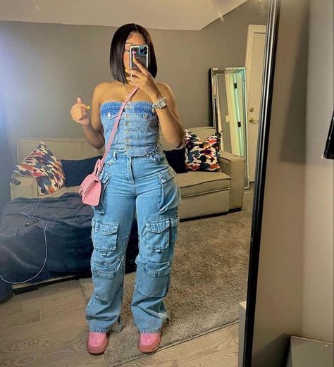 Jean Corset With Cargo Pants, Deniem Outfit Black Women, Cargo Pants Jumpsuit, Two Piece Jean Set, Fashion Nova Denim Jumpsuit, Temu Outfits Black Women, Daytime Birthday Outfit Summer, Denim Dress Birthday Outfit, Jean One Piece Outfit Black Women