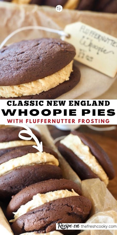 New England Whoopie Pie Recipe, Chocolate Mini Cakes, Whoopee Pie, Whoopie Pie Filling, Whoopie Pie Recipe, Chocolate Whoopie Pies, Peanut Butter Marshmallow, Marshmallow Frosting, Baking Stuff