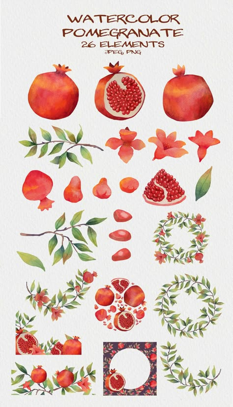 Immerse yourself in the vibrant world of hand-painted pomegranate art with this exquisite watercolor clipart collection. Perfect for adding a touch of elegance to your creative projects, each piece captures the lush beauty and intricate details of pomegranates. Whether you're designing invitations, creating digital artwork, or crafting unique stationery, these watercolor illustrations offer endless possibilities. Let your imagination flourish with this stunning collection that brings the timeless allure of nature right to your fingertips. Watercolor Pomegranate Tutorial, Pomegranate Flower Tattoo, Pomegranates Aesthetic, Nowruz Crafts, Pomegranate Drawing, Pomegranate Watercolor, Watercolor Pomegranate, Pomegranate Leaves, Pomegranate Painting