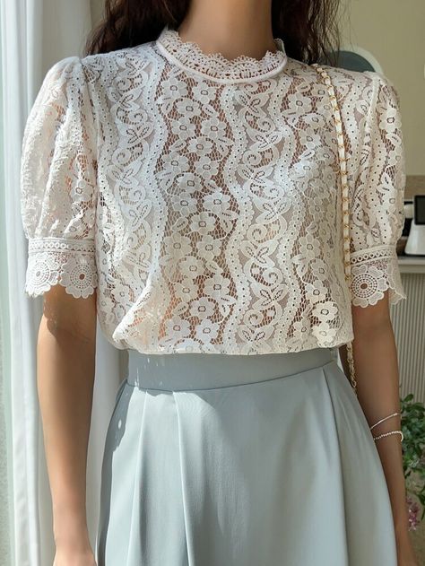 DAZY Puff Sleeve Lace Top | SHEIN USA White Elegant Blouse, Embellished Tops For Women, White Lace Blouse Outfit, White Lace Top Outfit, Lace Shirts For Women, Lace Blouse Outfit, Lace Shirt Outfit, Lace Top Design, Lace Tops For Women