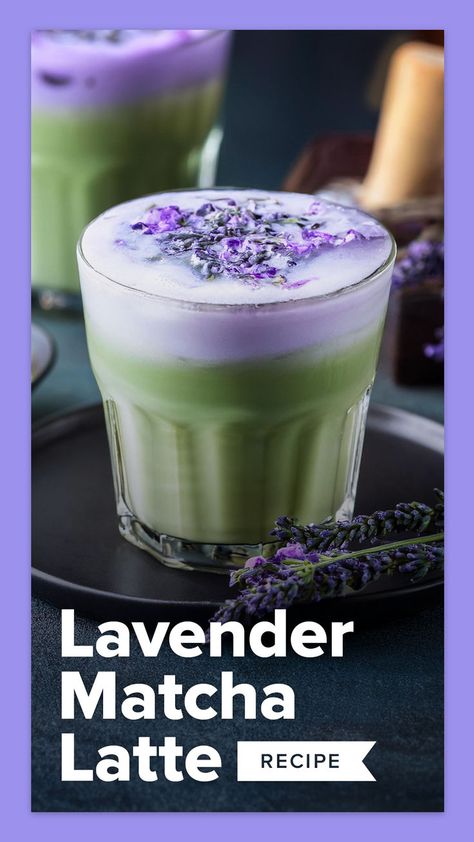 Lavender matcha latte in a glass with text "lavender matcha latte recipe" Lavender Matcha Latte, Lavender Latte Recipe, Lavender Matcha, Coffee Shop Supplies, White Chocolate Syrup, Lavender Latte, Matcha Latte Recipe, Lavender Syrup, Matcha Recipe