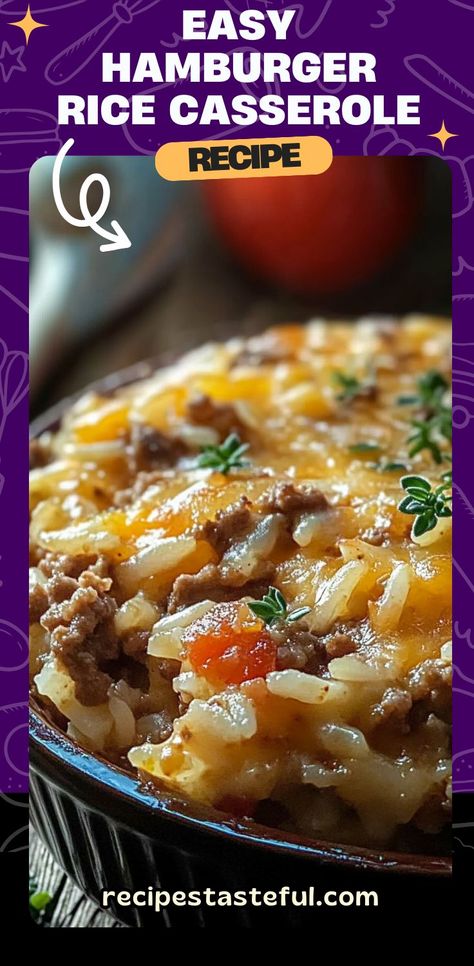 This Easy Hamburger Rice Casserole is the perfect comfort food for busy nights. A hearty combination of seasoned ground beef, creamy soups, and tender rice, topped with melted cheddar cheese. It’s simple, satisfying, and guaranteed to please the whole family. This one-pan dish is a great option for weeknight dinners, meal prep, or feeding a crowd. #HamburgerRiceCasserole #ComfortFood #OnePanMeals #EasyCasserole #DinnerIdeas Easy Recipe With Rice, French Onion And Ground Beef Rice Casserole, Hamburger Rice Casserole Recipes Easy, Rice And Ground Beef Recipes Simple, Cheap Hamburger Meals, Quick Hamburger Meals, Hamburger Meat And Rice Recipes Easy, Ground Beef And Rice Recipes Easy, Hamburger Meat And Rice