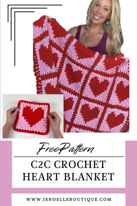 Crochet blanket with red hearts and a pink base color. C2c Crochet Heart Pattern Free, Crochet Heart Square Pattern, C2c Heart Blanket Pattern, Hugs And Kisses Crochet Blanket, Heart Granny Square Blanket, Heart Granny Square Pattern Free, Heart Crochet Blanket, Heart Blankets, Heart Blanket Crochet Pattern