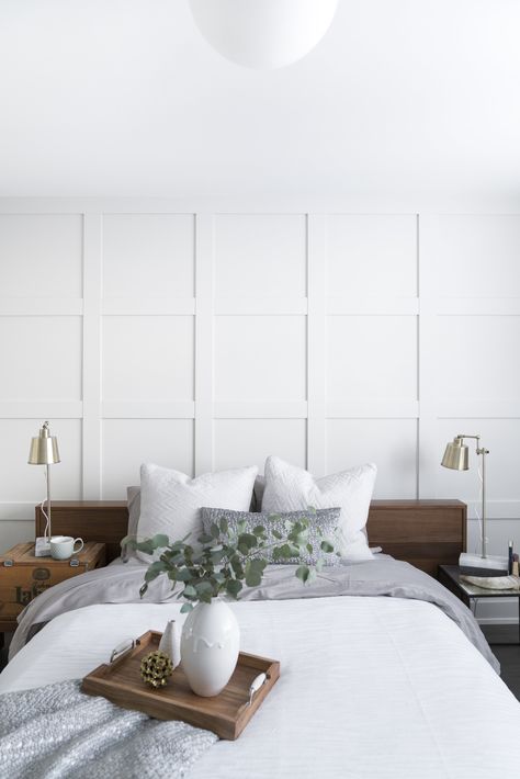 Moulding Bedroom Wall, Bedroom White Accent Wall, Moulding Behind Bed, Wanescotting Bedroom Wall, Board And Batten Wall Behind Bed, White Paneling Walls Bedroom, Molding Behind Bed, White Accent Wall Bedroom, Wall Moulding Bedroom