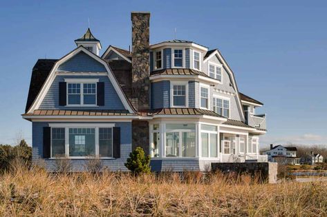 Dreamy seaside home in Maine with New England style architecture Coastal Maine Homes, New England Coastal Homes, Maine Beach House, Coastal Images, Gambrel Exterior, Dutch Farmhouse, New England Style Homes, Brindleton Bay, New England House