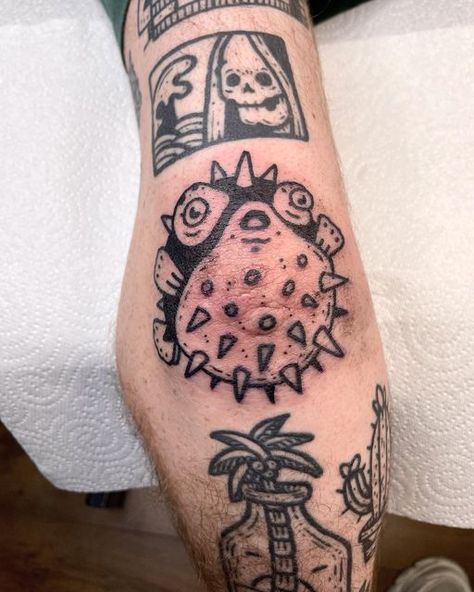 Pufferfish Elbow Tattoo, Blow Fish Tattoo, Animal Elbow Tattoo, Funny Fish Tattoo, Elbow Tattoos Mens, Ignorant Tattoo Design, Men’s Elbow Tattoo, Elbow Tattoo Men Traditional, Cool Elbow Tattoos