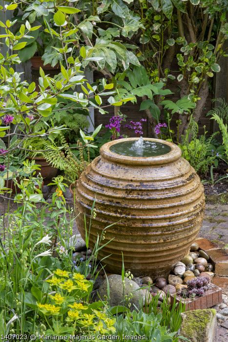 Circle Water Feature, Water Feature Under Tree, Urn Water Fountain, Bubbling Water Feature, Raised Water Feature, Spanish Water Feature, Pottery Water Feature, Urn Water Feature, Pot Water Feature