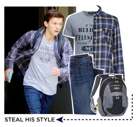 "spiderman: homecoming peter parker" by magicandmayhem ❤ liked on Polyvore featuring A.P.C., SELECTED, Lands' End, Everest, men's fashion, menswear, spiderman, Homecoming and stealhisstyle Peter Parker Style Outfit, Peter Parker Clothes, Peter Parker Outfit, Homecoming Peter Parker, Nerd Outfit, Peter Parker Cosplay, Marvel Outfits, Marvel Inspired Outfits, Spiderman Outfit