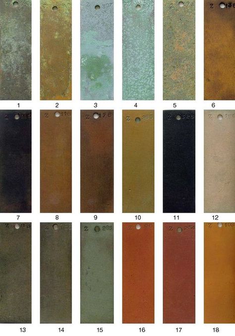 Bronze Patina Color Chart | PATINA FINISHES:: Copper Colour Palette, Patina Paint, Metal Facade, Patina Metal, Patina Copper, Metal Cladding, Material Board, Patina Color, Material Library