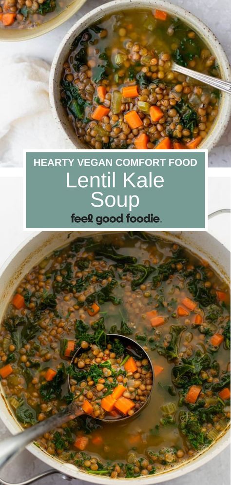 Kale Leek Soup, Easy Kale Soup, Vegan Kale Soup Recipes, Carrot Kale Soup, Kale And Lentil Recipes, Kale Recipes Soup, Lentils And Kale Recipe, Kale Recipes Vegan, Kale Lentil Soup