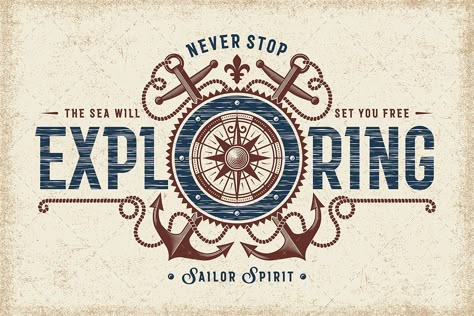 Vintage Never Stop Exploring Typography Vector Illustration EPS Adventure Logo, Vector Graphics Design, Typography T Shirt, Birthday Personalized, Retro Graphics, Nautical Design, Compass Rose, Vintage Nautical, Typography Tshirt