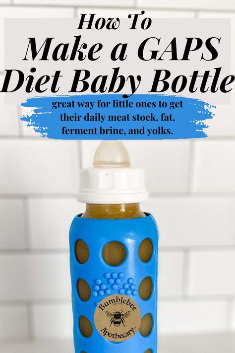 Do you worry about if your baby is getting enough nutrient dense foods? 
If you’re a GAPS family with a new baby, you’ll want to know how to make a GAPS diet baby bottle. This recipe is inspired by Dr. Natasha’s baby GAPS steps for introducing solids, and is a great way for little ones to get their daily meat stock, fat, ferment brine, and yolks. My main goal when it comes to feeding my family is to nourish everyone with every single bite – this especially applies to baby food Gaps Diet Recipes, Meat Stock, Nutrient Dense Foods, Gaps Recipes, Stock Recipes, Gut Healing Recipes, Gut Health Recipes, Baby First Foods, Healing Recipes