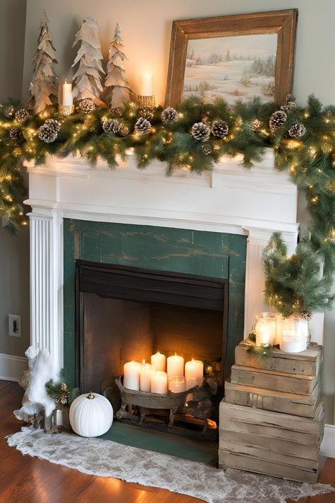 Vintage Christmas mantle decorated with ornaments, garlands, and festive holiday accents. Old Fashioned Christmas Aesthetic, Mantle Decor Traditional, Christmas Decor For Mantle, Vintage Winter Aesthetic, Decor For Mantle, Vintage Christmas Decor Ideas, Vintage Christmas Tree Decorations, Vintage Christmas Decor, Vintage Inspired Christmas